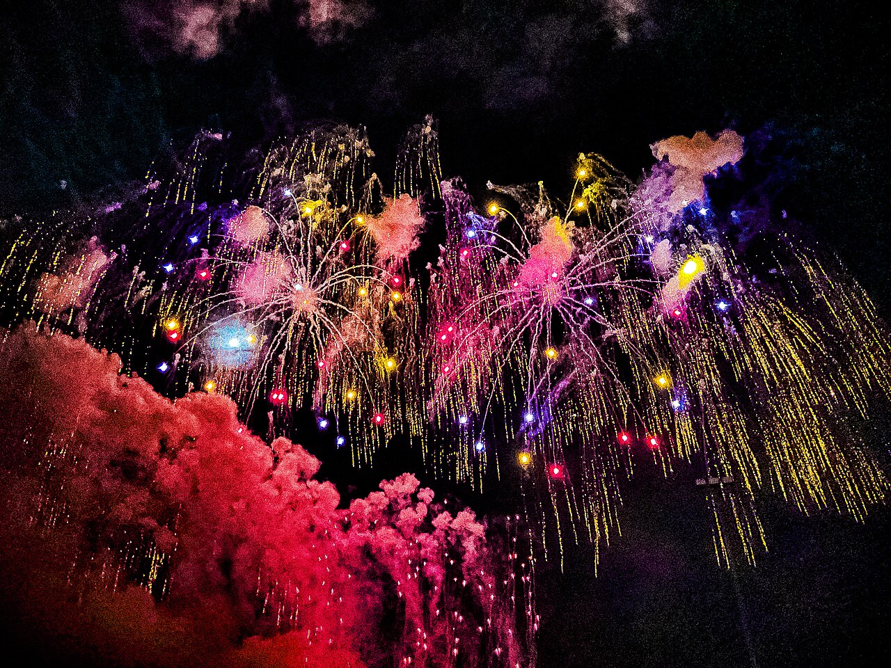 Fogos de artifício coloridos explodindo no céu noturno, evento que provoca medo intenso em muitos cães